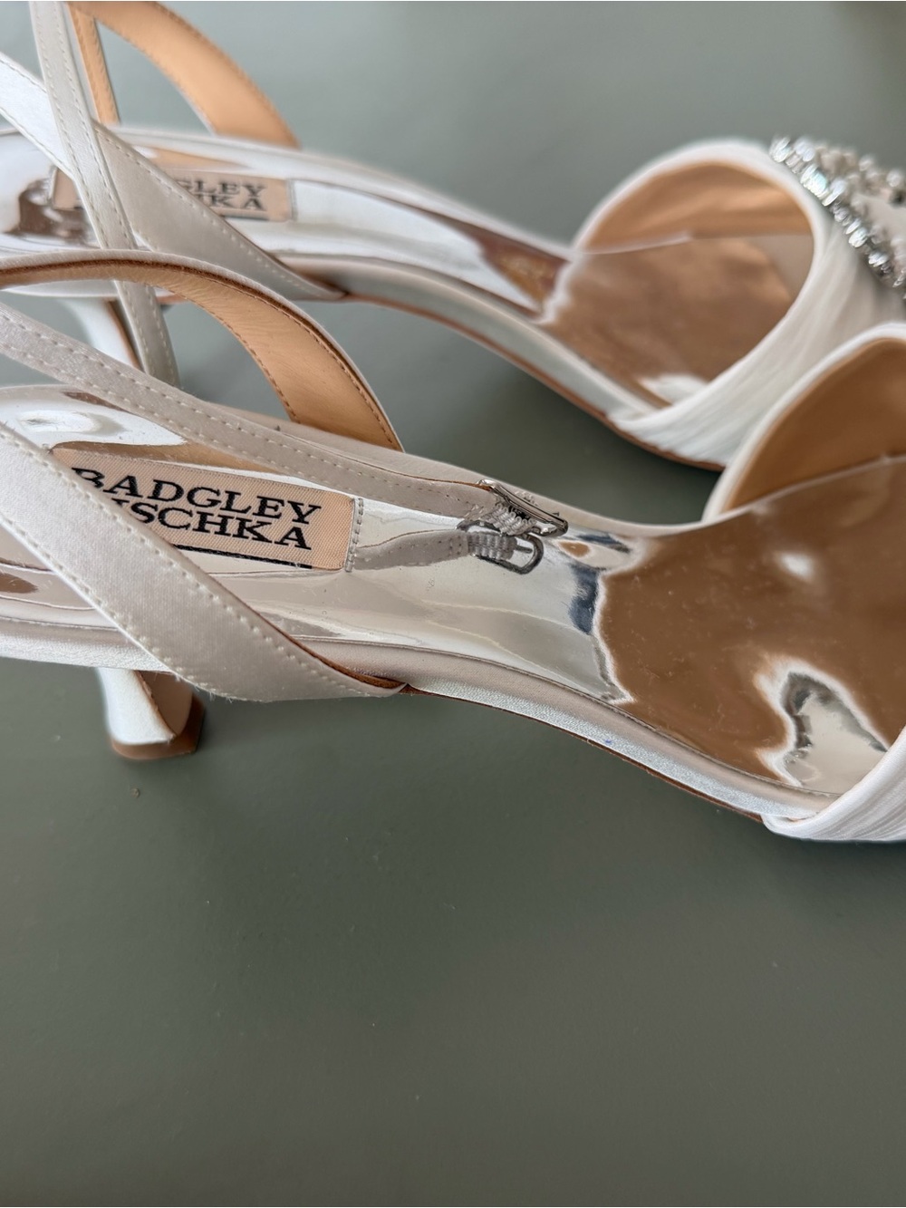 Badgley Mischka White Satin Slingback Heels with Crystal Toe Detail